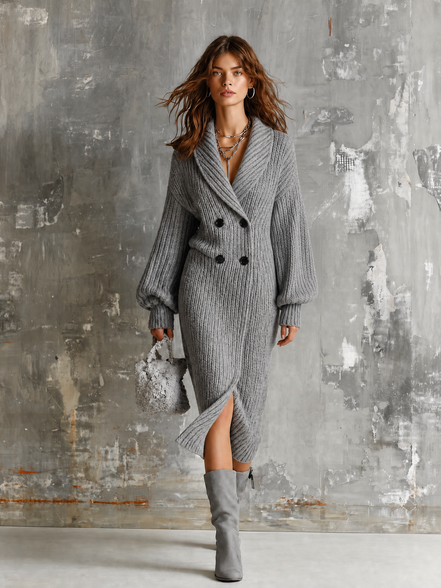 ElevenOra Chic Elegant Heather Grey Shawl Lapel Double-Breasted Dropped Shoulder Long-Sleeve Loose-Fit Ribbed Knit Midi Dress