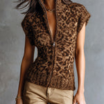 ElevenOra Chic Elegant Brown Leopard Jacquard Stand Collar Zipper-Placket Slim-Fit Knit Vest Top