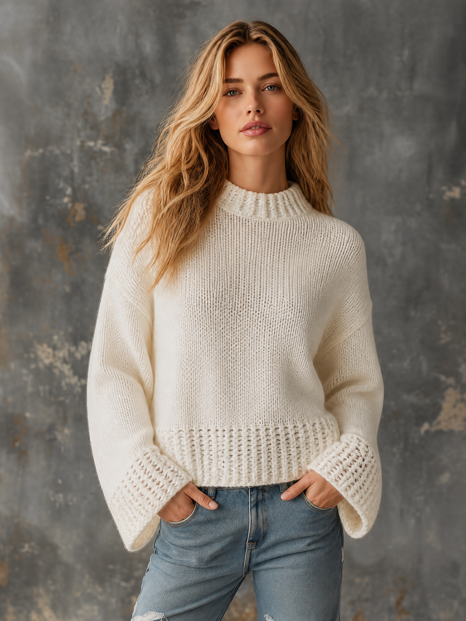 ElevenOra Chic Casual Off-White Mock-Neck Dropped Shoulder Flare Long Sleeves Openwork Details Loose-Fit Knit Sweater Top