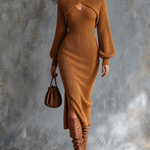 ElevenOra Chic Elegant Caramel Wrap Front Turtleneck Shrug Sweater Top Spaghetti-Strap V-Neck Side-Slit Midi Dress Ribbed Knit Two-Piece
