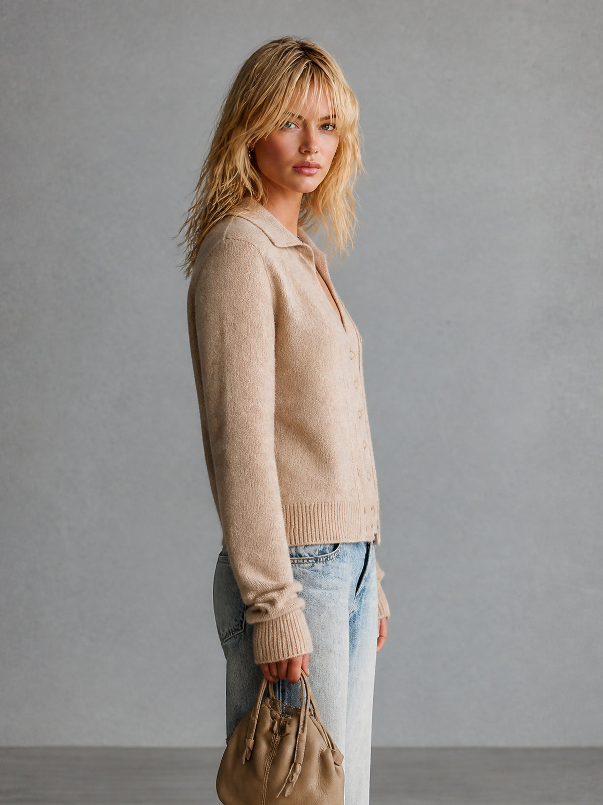 ElevenOra Chic Elegant Camel Lapel V-Neck Single-Breasted Long-Sleeve Loose-Fit Soft Knit Faux Two-Piece Cardigan