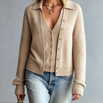 ElevenOra Chic Elegant Camel Lapel V-Neck Single-Breasted Long-Sleeve Loose-Fit Soft Knit Faux Two-Piece Cardigan