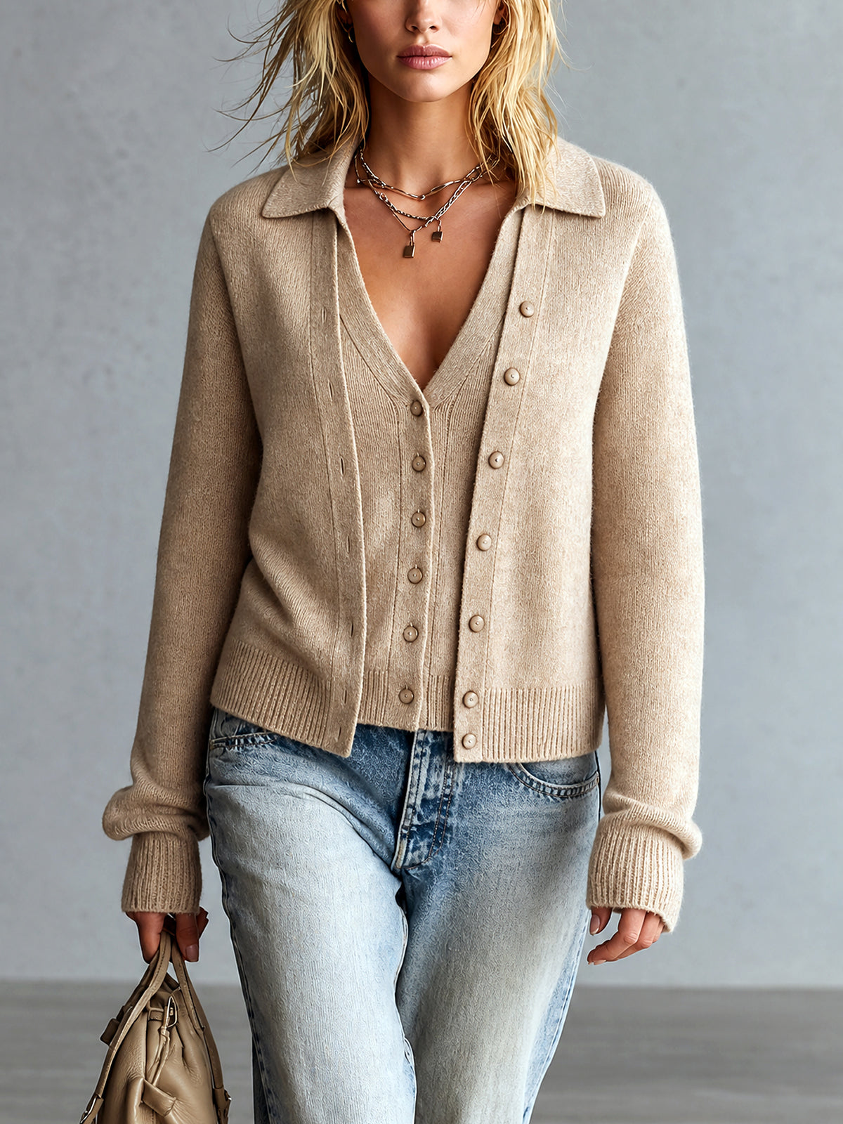 ElevenOra Chic Elegant Camel Lapel V-Neck Single-Breasted Long-Sleeve Loose-Fit Soft Knit Faux Two-Piece Cardigan