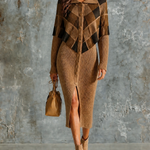 ElevenOra Chic Elegant Brown Lapel Collar Single-Breasted Argyle Jacquard Long-Sleeve Slim-Fit Ribbed Knit Faux-Two-Piece Midi Dress