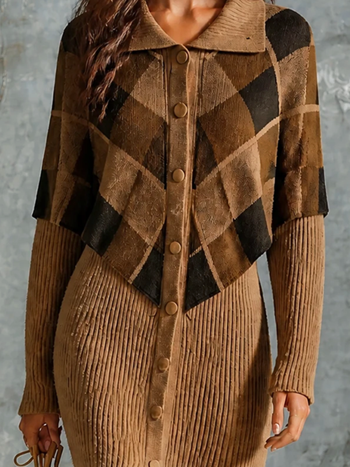 ElevenOra Chic Elegant Brown Lapel Collar Single-Breasted Argyle Jacquard Long-Sleeve Slim-Fit Ribbed Knit Faux-Two-Piece Midi Dress