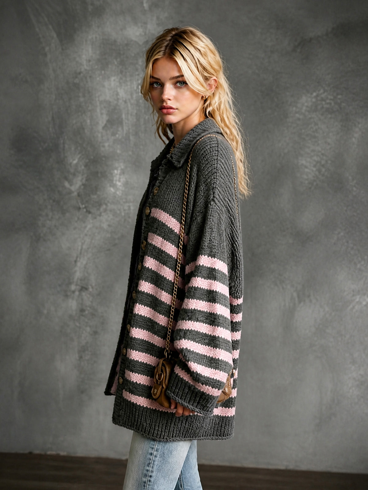 ElevenOra Chic Elegant Gray-Pink Stripes Lapel Collar Single-Breasted Dropped-Shoulder Long-Sleeve Loose-Fit Knit Cardigan