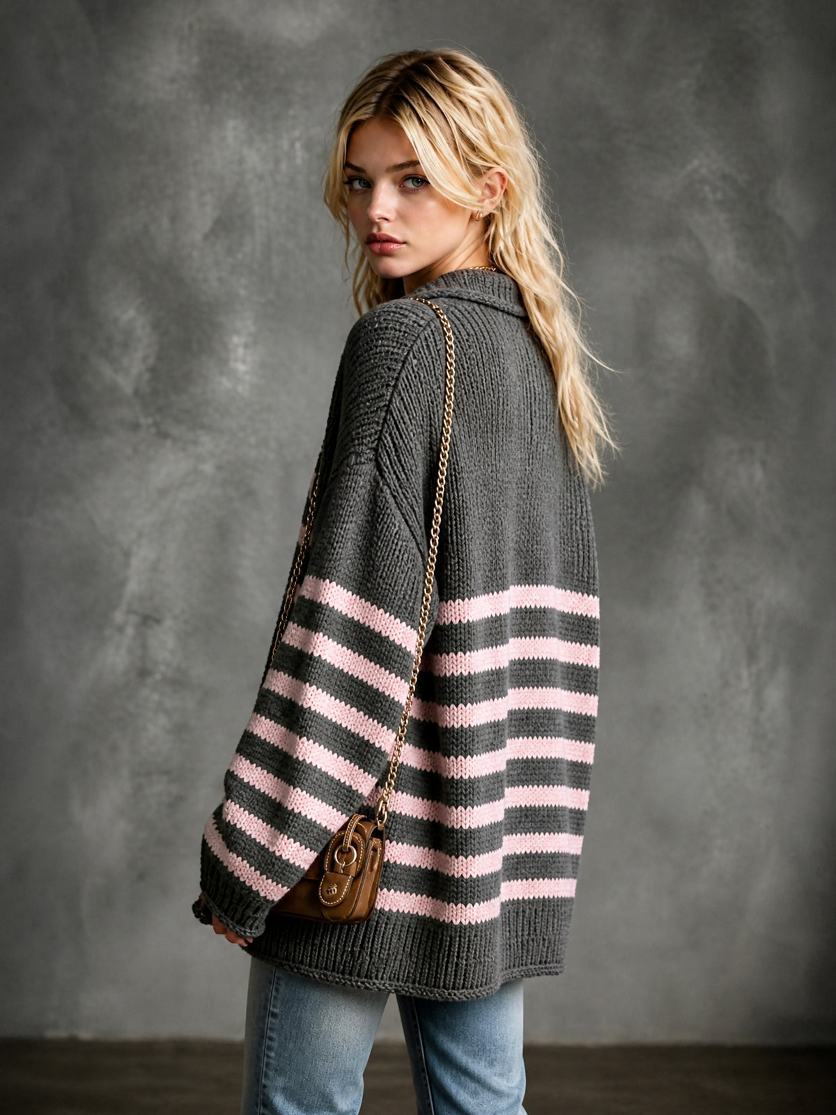 ElevenOra Chic Elegant Gray-Pink Stripes Lapel Collar Single-Breasted Dropped-Shoulder Long-Sleeve Loose-Fit Knit Cardigan