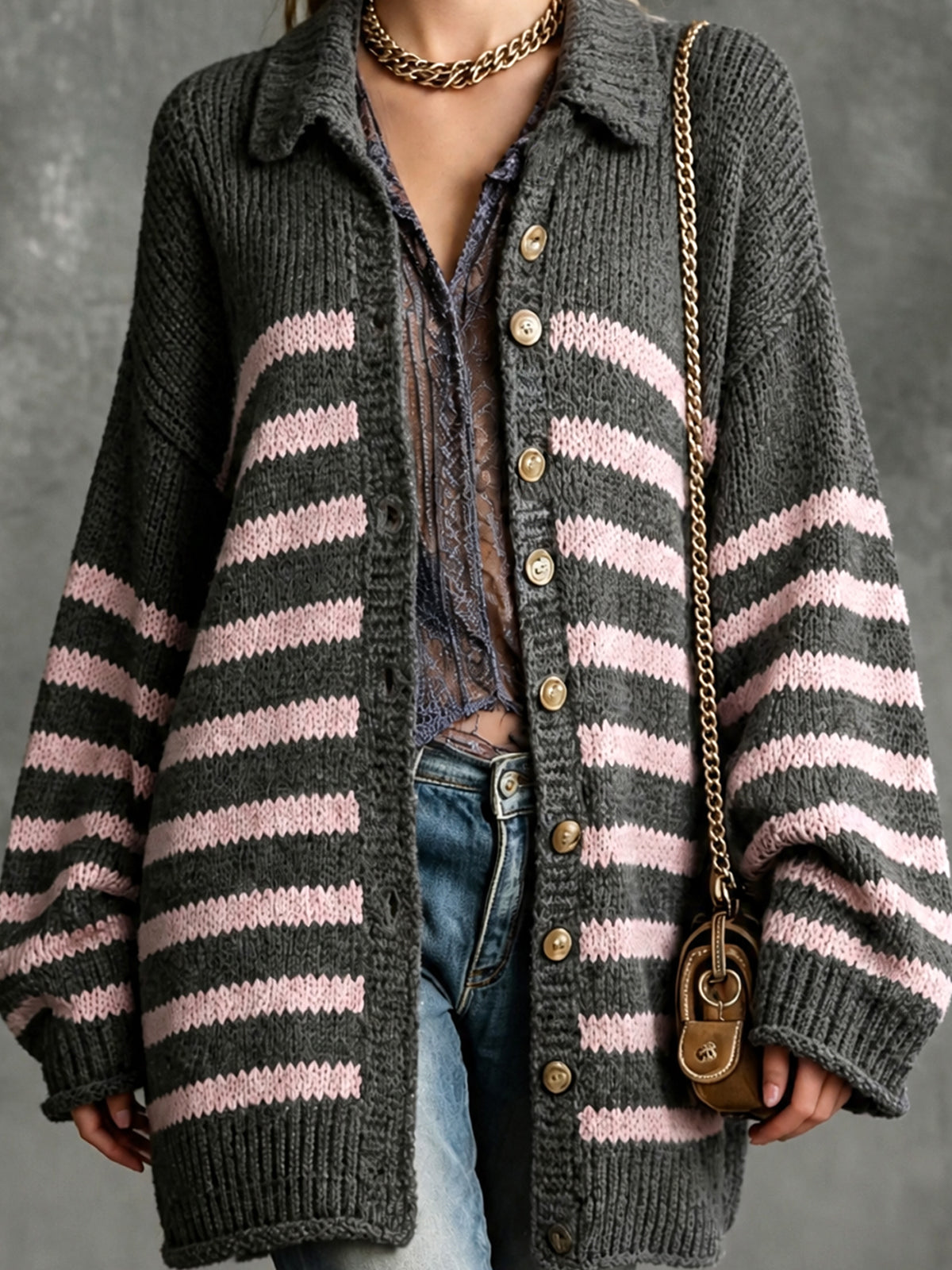 ElevenOra Chic Elegant Gray-Pink Stripes Lapel Collar Single-Breasted Dropped-Shoulder Long-Sleeve Loose-Fit Knit Cardigan