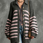 ElevenOra Chic Elegant Gray-Pink Stripes Lapel Collar Single-Breasted Dropped-Shoulder Long-Sleeve Loose-Fit Knit Cardigan