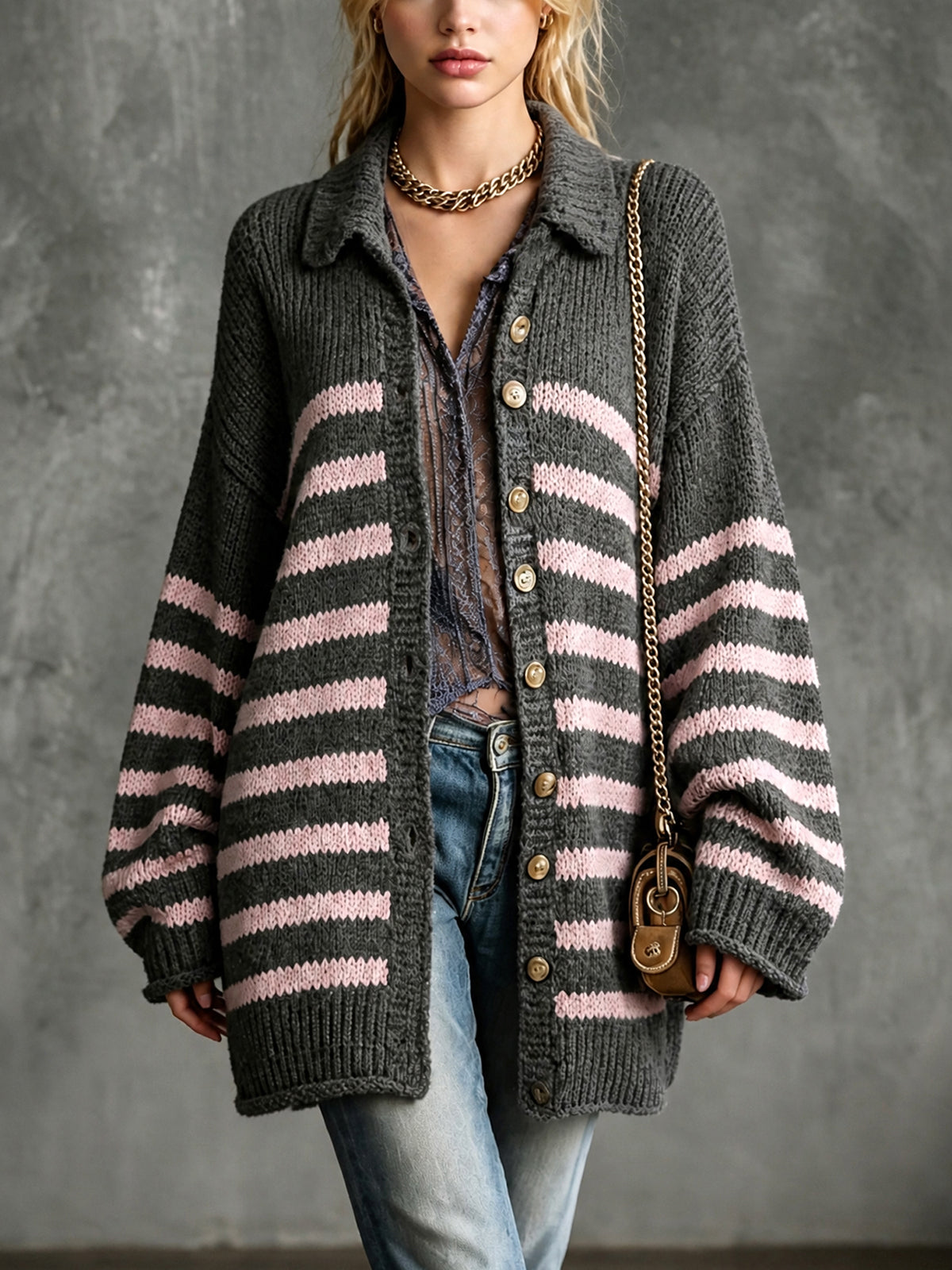 ElevenOra Chic Elegant Gray-Pink Stripes Lapel Collar Single-Breasted Dropped-Shoulder Long-Sleeve Loose-Fit Knit Cardigan