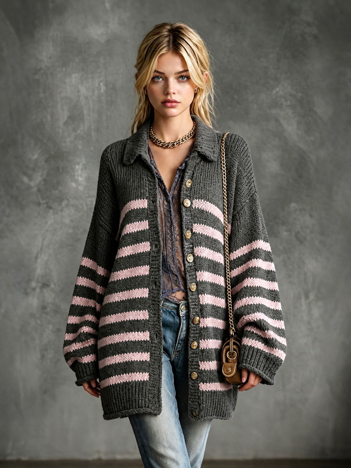 ElevenOra Chic Elegant Gray-Pink Stripes Lapel Collar Single-Breasted Dropped-Shoulder Long-Sleeve Loose-Fit Knit Cardigan