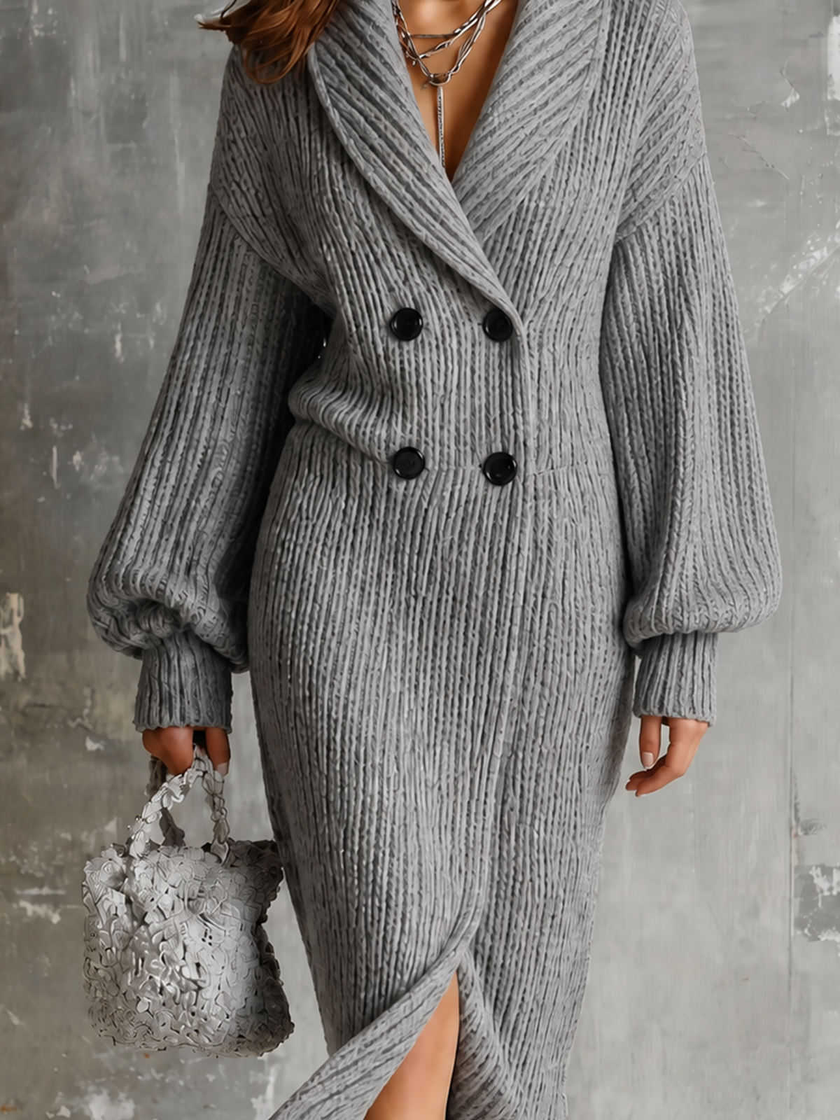 ElevenOra Chic Elegant Heather Grey Shawl Lapel Double-Breasted Dropped Shoulder Long-Sleeve Loose-Fit Ribbed Knit Midi Dress
