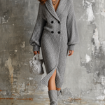 ElevenOra Chic Elegant Heather Grey Shawl Lapel Double-Breasted Dropped Shoulder Long-Sleeve Loose-Fit Ribbed Knit Midi Dress