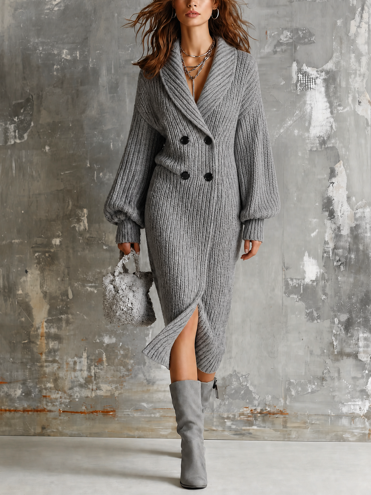 ElevenOra Chic Elegant Heather Grey Shawl Lapel Double-Breasted Dropped Shoulder Long-Sleeve Loose-Fit Ribbed Knit Midi Dress
