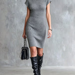 ElevenOra Chic Elegant Gray Boat Neck Dropped-Shoulder Short-Sleeve Slim-Fit Ribbed Knit Mini Dress
