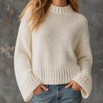 ElevenOra Chic Casual Off-White Mock-Neck Dropped Shoulder Flare Long Sleeves Openwork Details Loose-Fit Knit Sweater Top