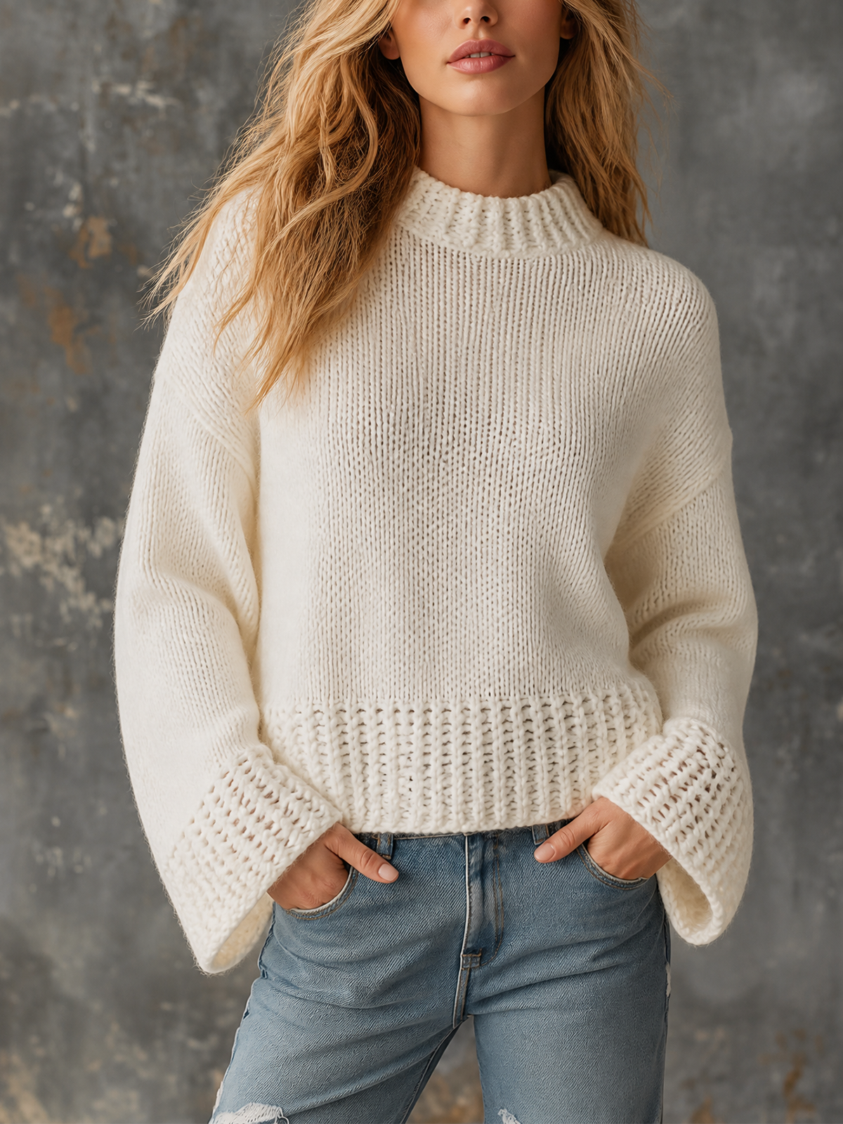 ElevenOra Chic Casual Off-White Mock-Neck Dropped Shoulder Flare Long Sleeves Openwork Details Loose-Fit Knit Sweater Top