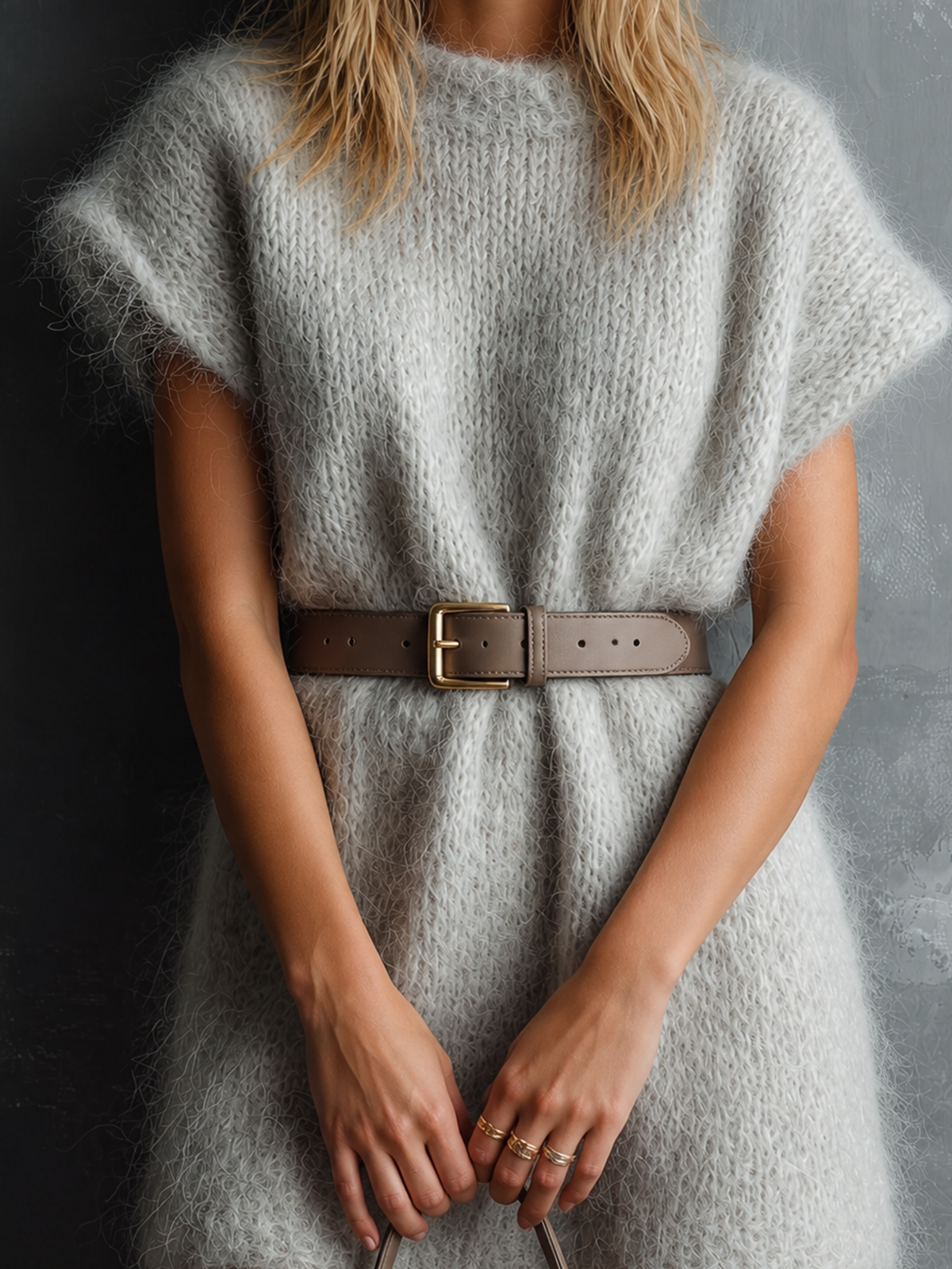 ElevenOra Chic Elegant Light Grey Round-Neck Cap Sleeve Leather Belt Loose-Fit Mohair Knit Mini Dress