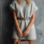 ElevenOra Chic Elegant Light Grey Round-Neck Cap Sleeve Leather Belt Loose-Fit Mohair Knit Mini Dress