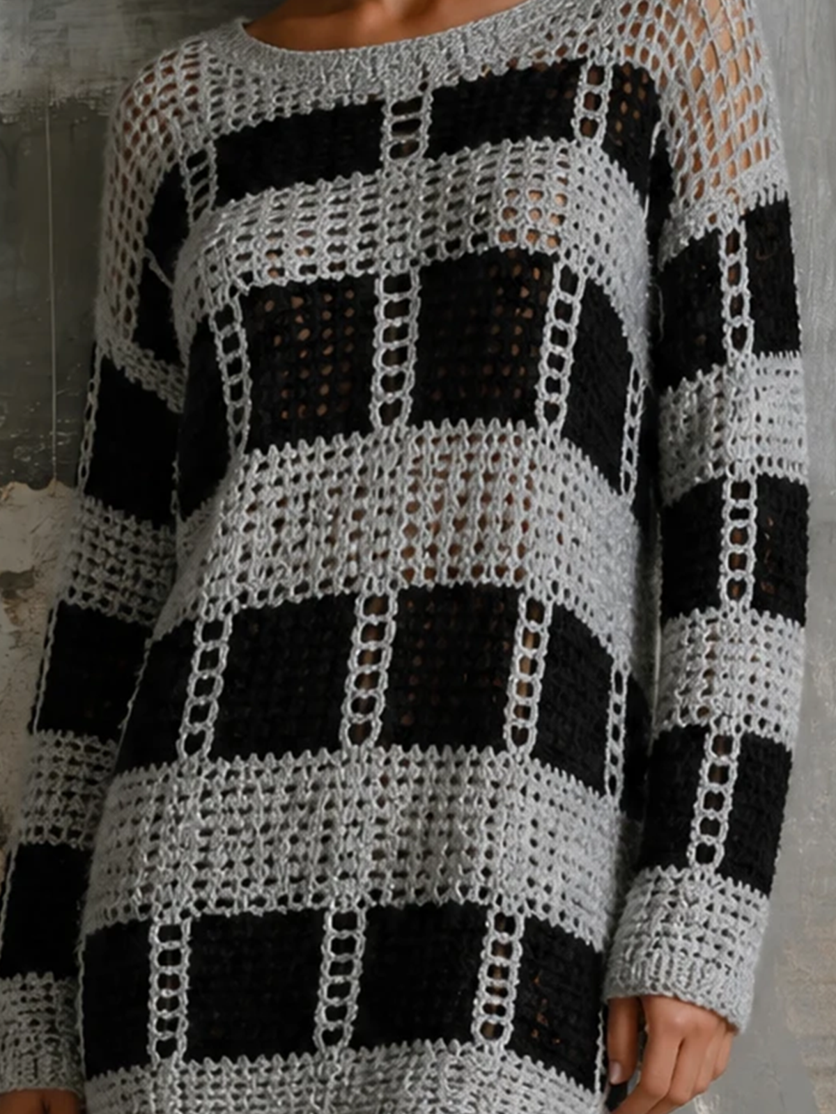 ElevenOra Chic Casual Black‑Grey Checkered Openwork Round-Neck Dropped Shoulder Long-Sleeve Loose-Fit Knit Mini Dress