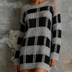 ElevenOra Chic Casual Black‑Grey Checkered Openwork Round-Neck Dropped Shoulder Long-Sleeve Loose-Fit Knit Mini Dress