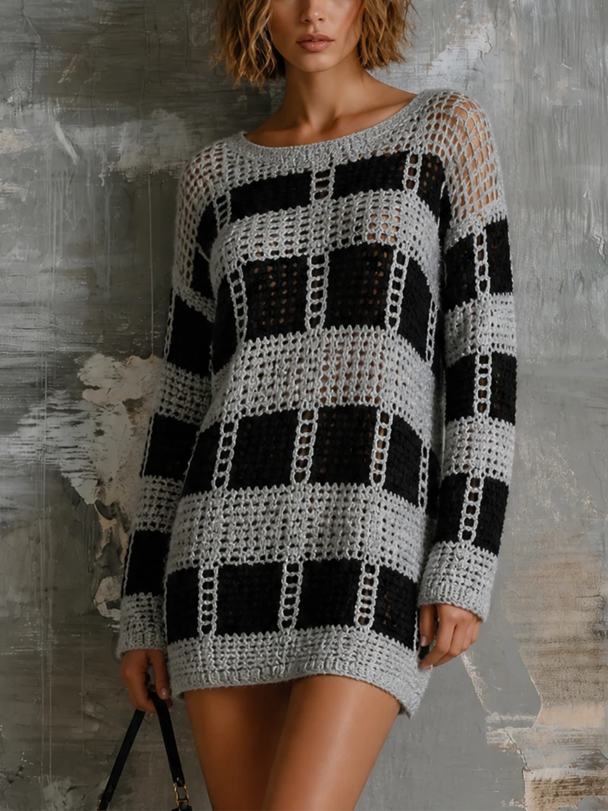 ElevenOra Chic Casual Black‑Grey Checkered Openwork Round-Neck Dropped Shoulder Long-Sleeve Loose-Fit Knit Mini Dress