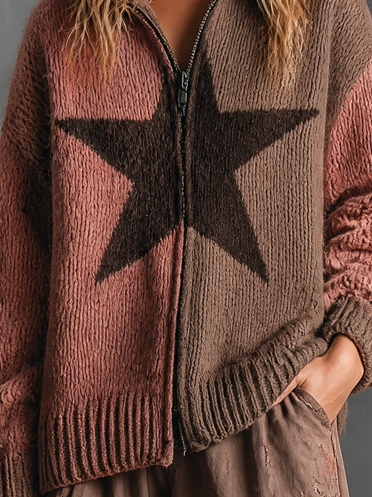 ElevenOra Chic Casual Dusty Pink-Brown Colorblock Star Jacquard Stand Collar Zipper Placket Long-Sleeve Loose-Fit Knit Cardigan Top