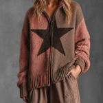 ElevenOra Chic Casual Dusty Pink-Brown Colorblock Star Jacquard Stand Collar Zipper Placket Long-Sleeve Loose-Fit Knit Cardigan Top