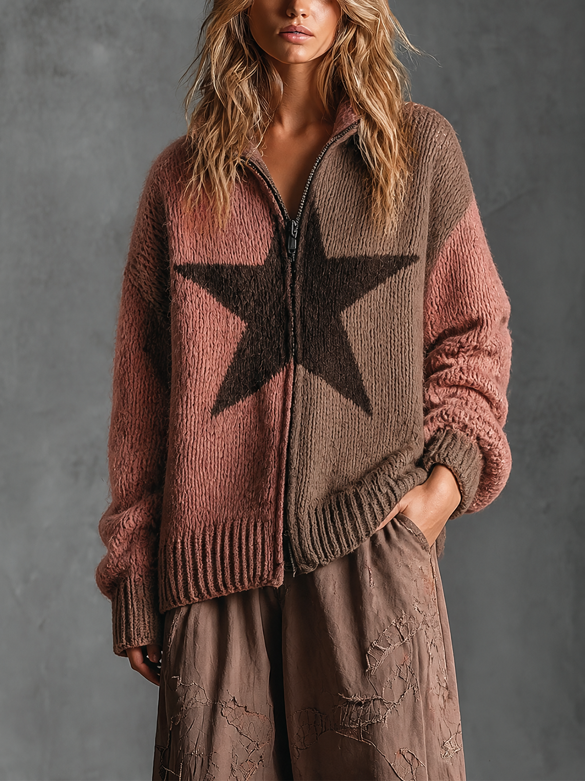 ElevenOra Chic Casual Dusty Pink-Brown Colorblock Star Jacquard Stand Collar Zipper Placket Long-Sleeve Loose-Fit Knit Cardigan Top