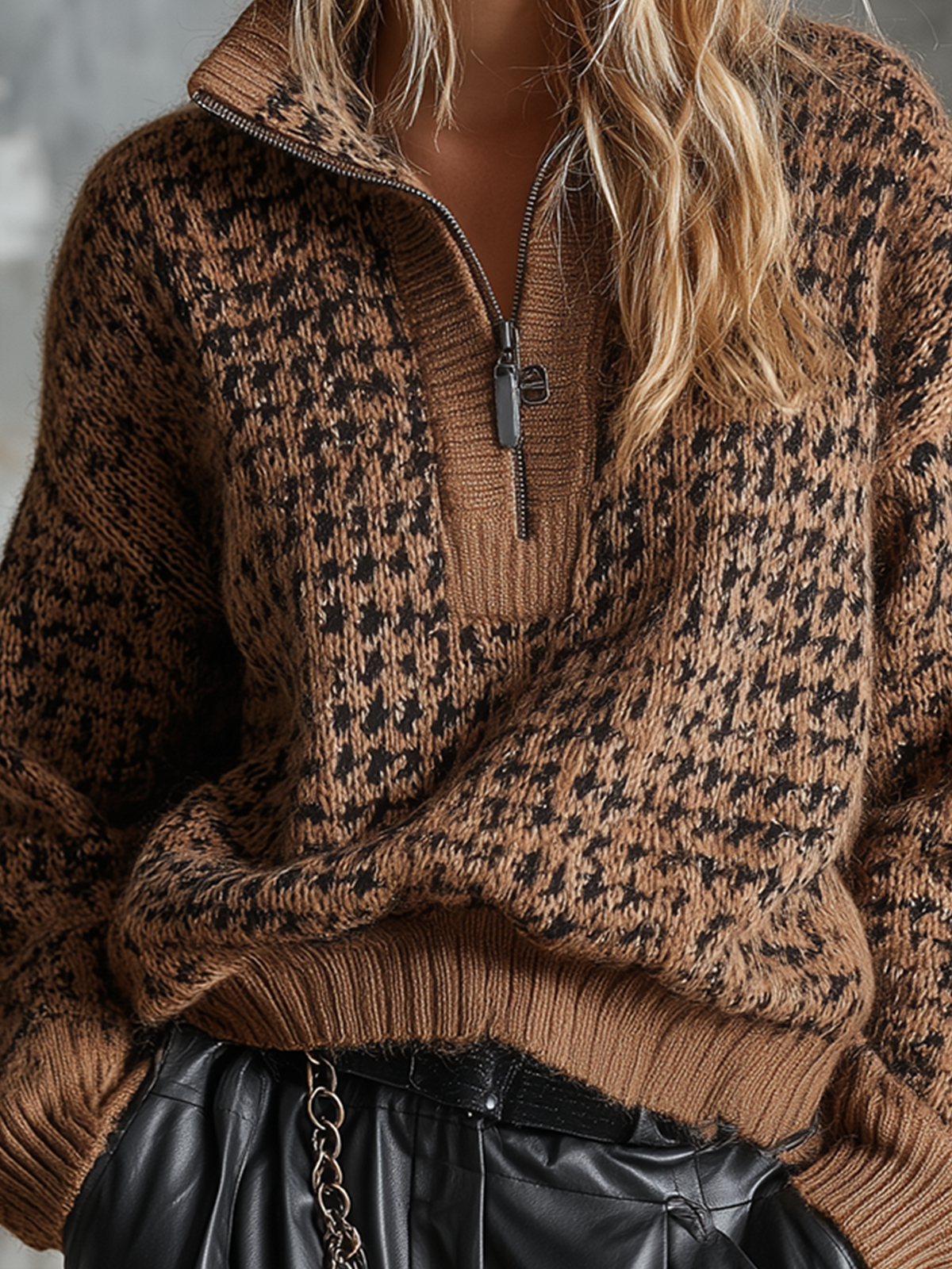 ElevenOra Chic Casual Brown‑Black Houndstooth Jacquard Stand Collar Half Zip Long-Sleeve Loose-Fit Knit Sweater Top