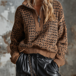 ElevenOra Chic Casual Brown‑Black Houndstooth Jacquard Stand Collar Half Zip Long-Sleeve Loose-Fit Knit Sweater Top