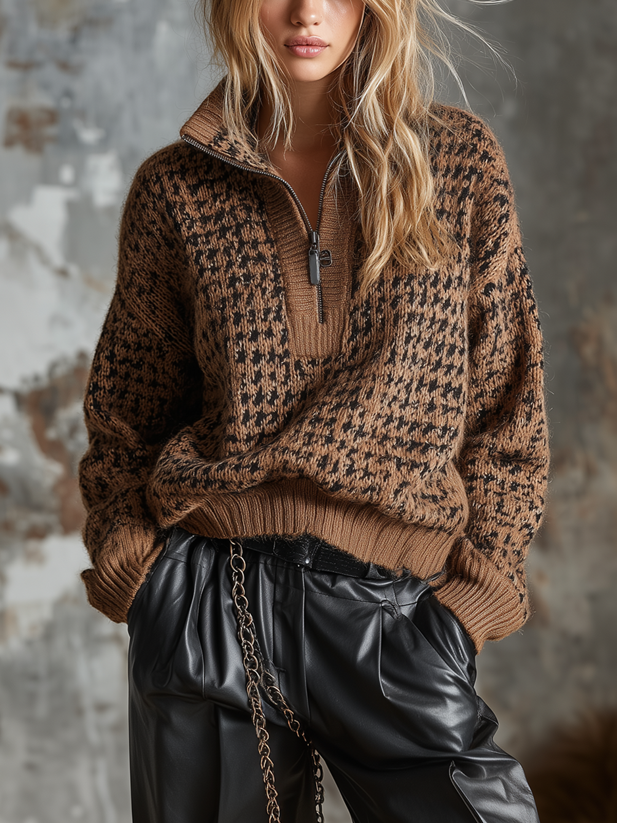 ElevenOra Chic Casual Brown‑Black Houndstooth Jacquard Stand Collar Half Zip Long-Sleeve Loose-Fit Knit Sweater Top