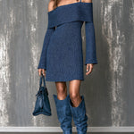 ElevenOra Chic Elegant Denim-Blue Off-The-Shoulder Spaghetti-strap Long-Flare-Sleeve A-Line Knit Mini Dress