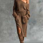 ElevenOra Chic Elegant Brown One-Shoulder Long-Sleeve Elastic-Waist Patch Pockets Side-Slit Detail Loose-Fit Knit Midi Dress