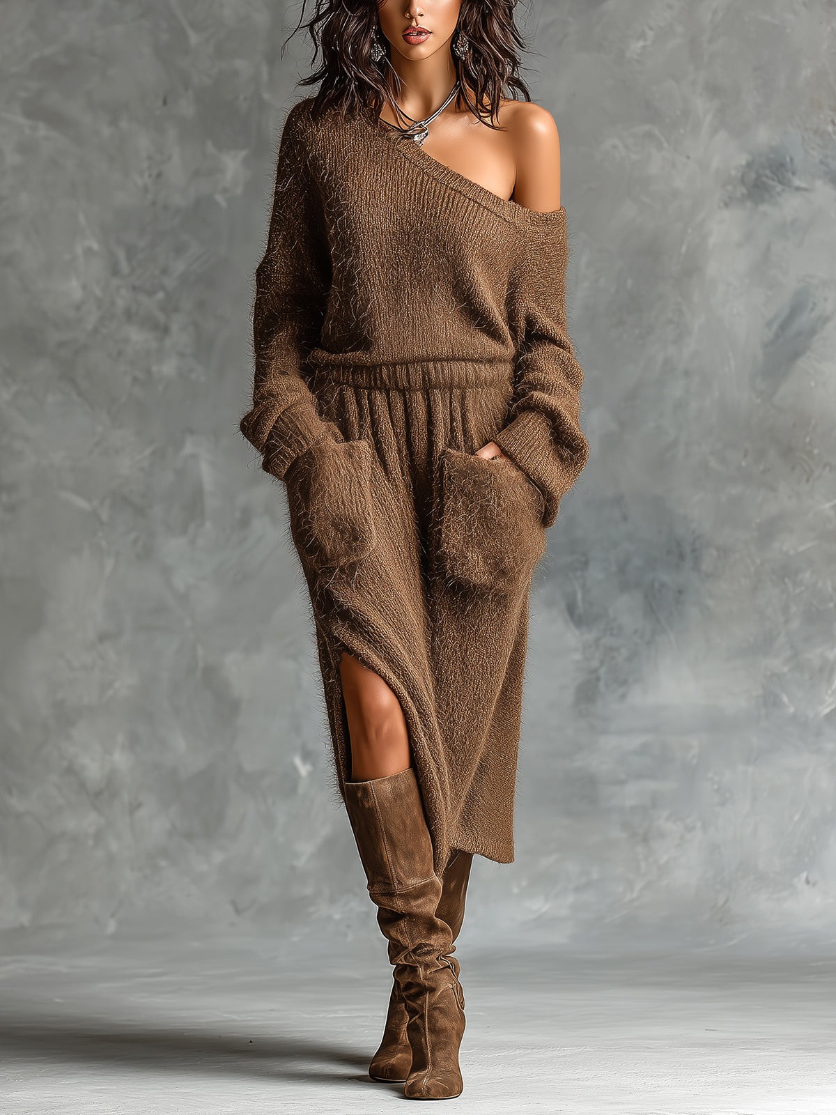 ElevenOra Chic Elegant Brown One-Shoulder Long-Sleeve Elastic-Waist Patch Pockets Side-Slit Detail Loose-Fit Knit Midi Dress