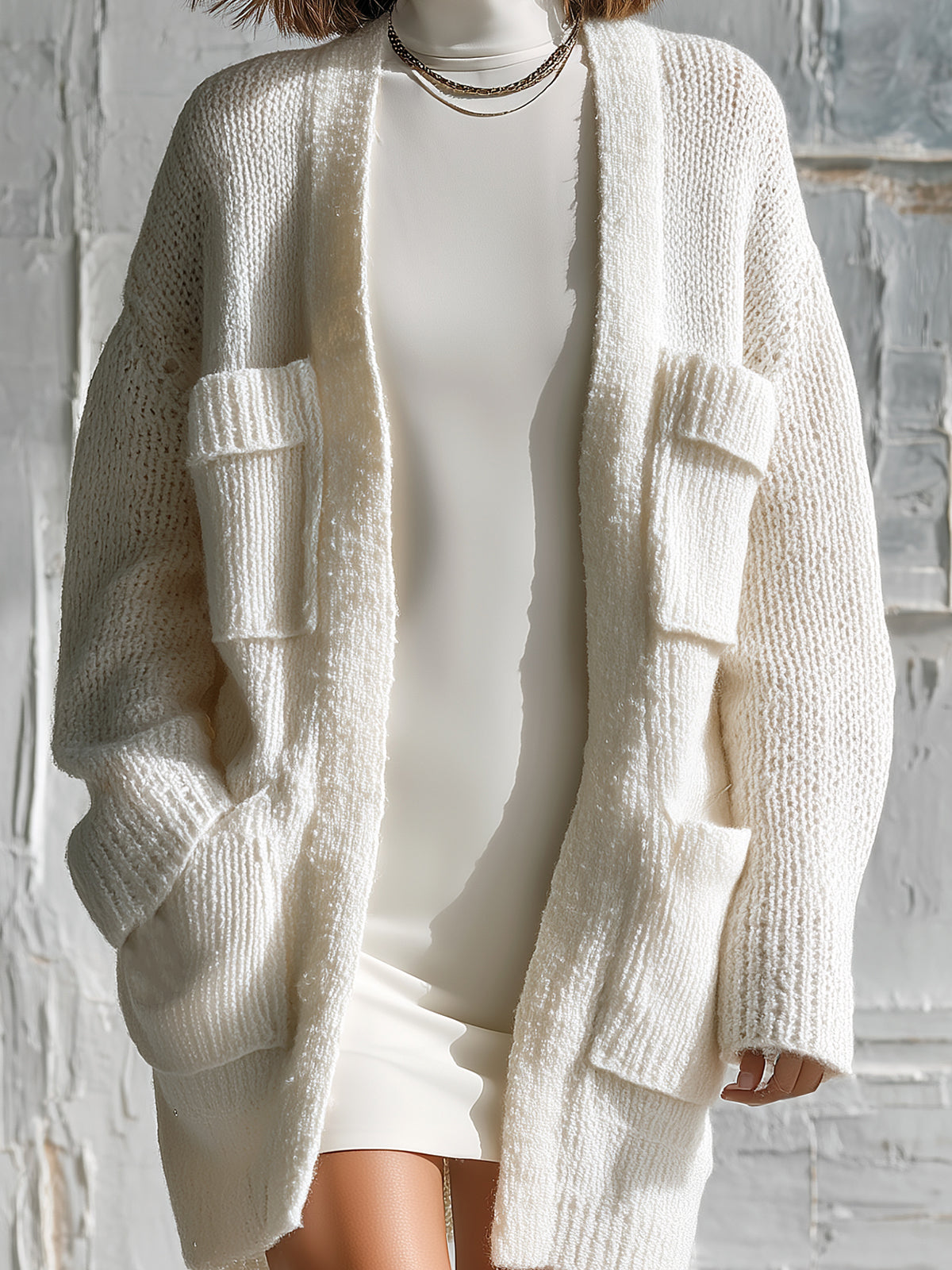 ElevenOra Chic Elegant Cream White Long-Sleeve Open‑Front Multi-Pocket Oversized Cotton Chunky Knit Cardigan