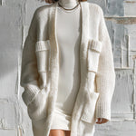 ElevenOra Chic Elegant Cream White Long-Sleeve Open‑Front Multi-Pocket Oversized Cotton Chunky Knit Cardigan