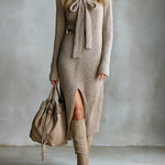 ElevenOra Chic Elegant Light Brown Tie-Neck Long-Sleeve Slit Detail Slim-Fit Soft Ribbed Knit Midi Dress