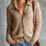 ElevenOra Chic Elegant Camel Lapel Collar Long-Sleeve Single-Breasted Slim-Fit Soft Fuzzy Knit Cardigan Top