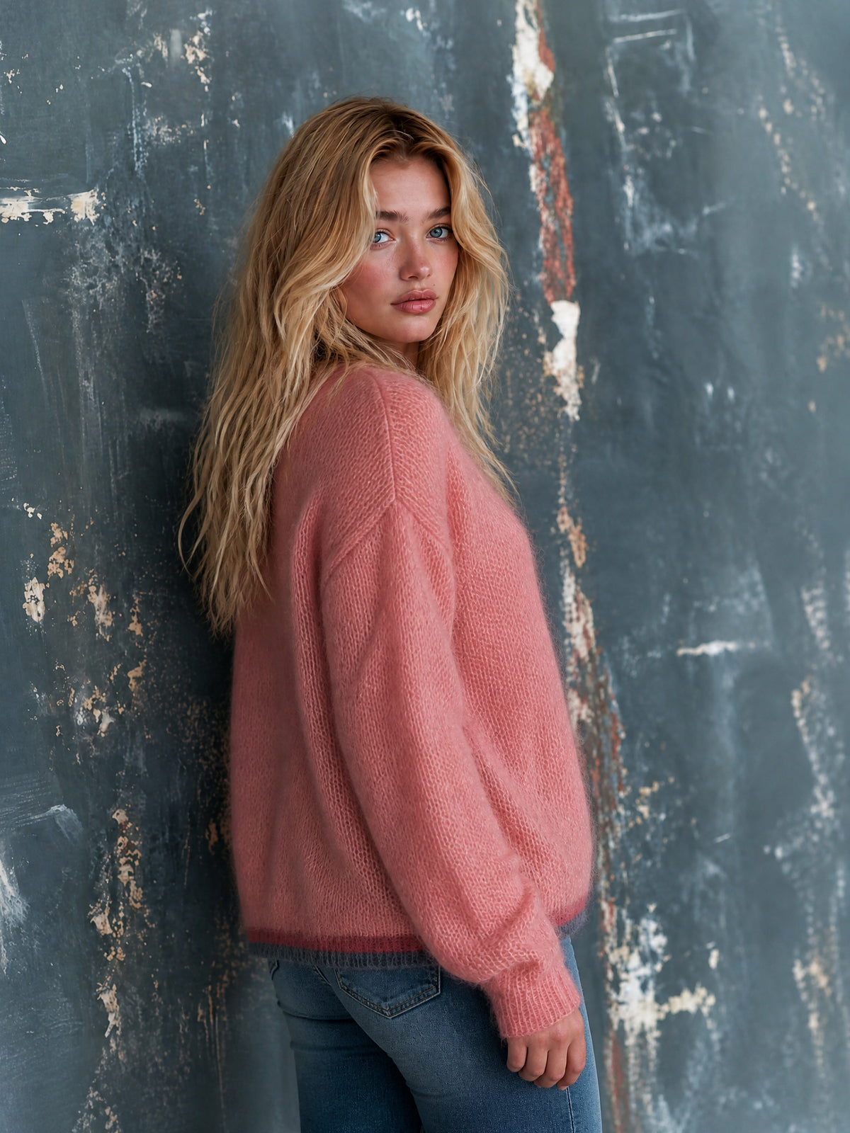 ElevenOra Chic Elegant Pink-Navy Colorblock Dropped-Shoulder Long-Sleeve Single-Breasted Loose-Fit Mohair Blend Knit Cardigan