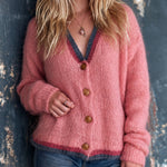 ElevenOra Chic Elegant Pink-Navy Colorblock Dropped-Shoulder Long-Sleeve Single-Breasted Loose-Fit Mohair Blend Knit Cardigan