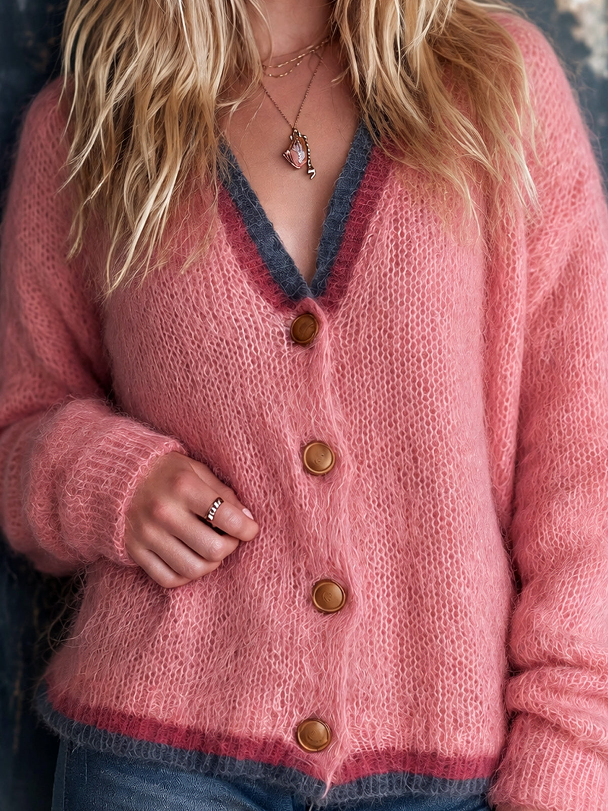 ElevenOra Chic Elegant Pink-Navy Colorblock Dropped-Shoulder Long-Sleeve Single-Breasted Loose-Fit Mohair Blend Knit Cardigan