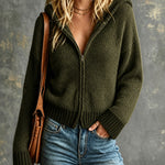 ElevenOra Chic Casual Army Green Colorblock Hooded Collar Dropped-Shoulder Long-Sleeve Zipper-Placket Loose-Fit Knit Jacket