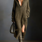 ElevenOra Chic Casual Army Green Lapel V-Neck Dropped-Shoulder Long-Sleeve Side-Slit Oversized Soft Mohair Blend Knit Midi Dress
