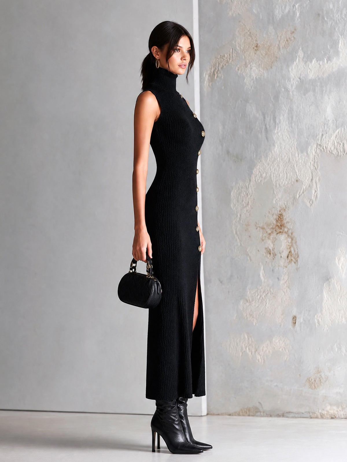ElevenOra Chic Elegant Black Turtleneck Sleeveless Gold Buttons Side-Slit Slim-Fit Soft Cotton Knit Maxi Dress