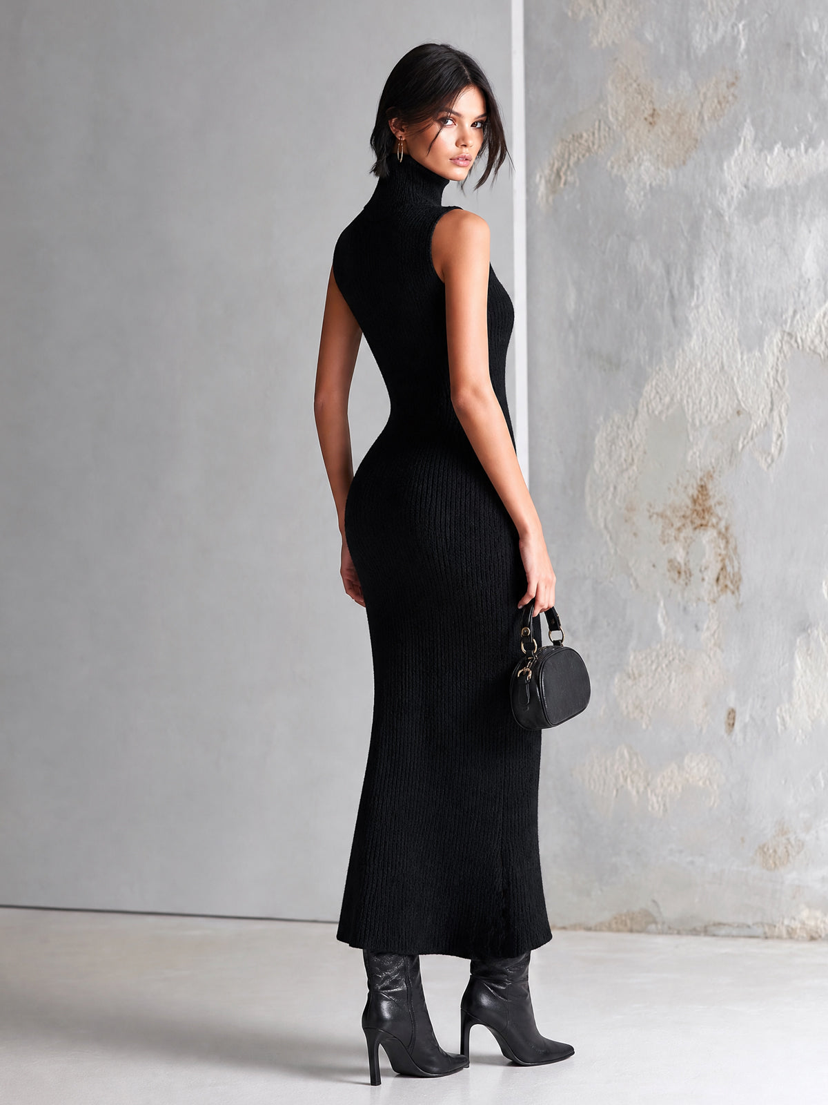 ElevenOra Chic Elegant Black Turtleneck Sleeveless Gold Buttons Side-Slit Slim-Fit Soft Cotton Knit Maxi Dress