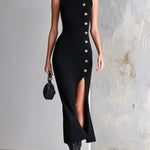 ElevenOra Chic Elegant Black Turtleneck Sleeveless Gold Buttons Side-Slit Slim-Fit Soft Cotton Knit Maxi Dress