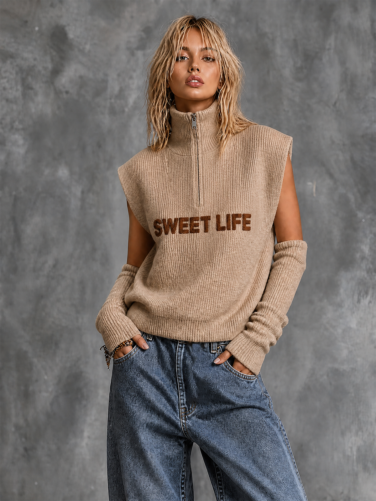 ElevenOra Chic Casual Beige Half‑Zip Turtleneck Letter Jacquard Sleeveless Long Arm Warmers Loose-Fit Knit Vest Top