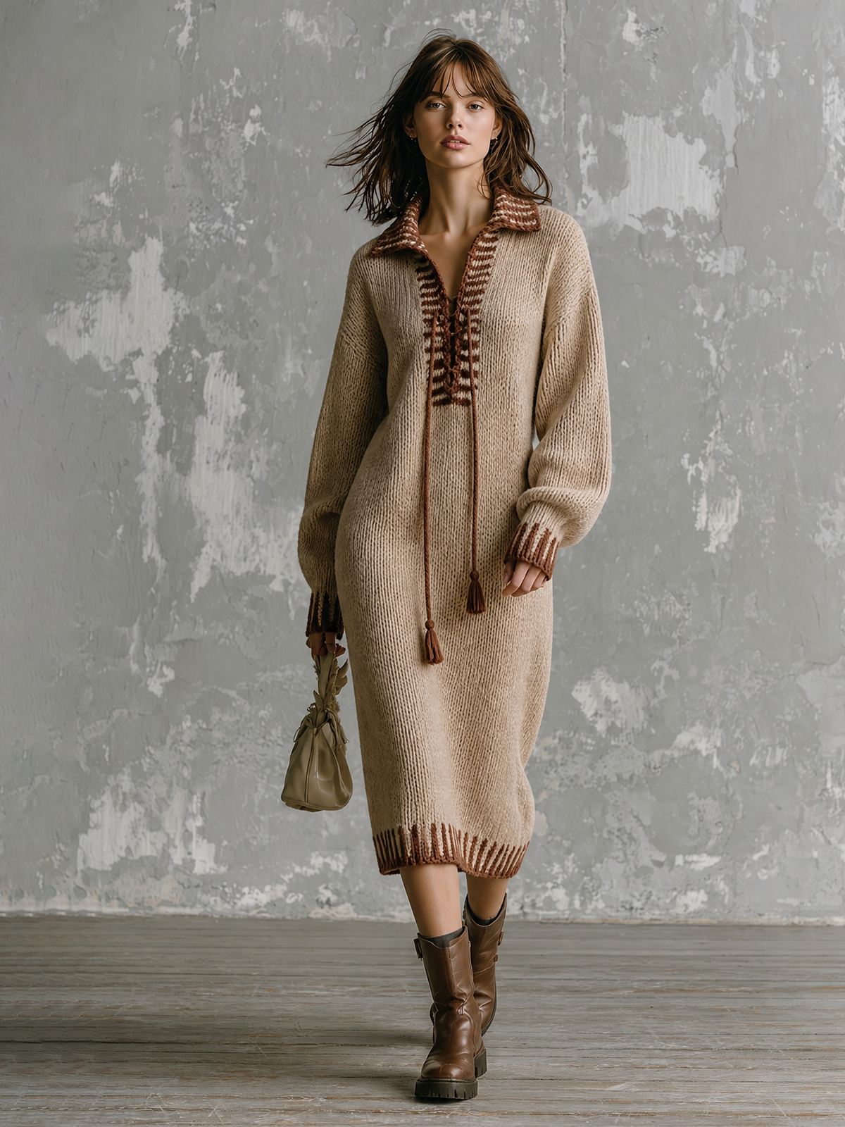 ElevenOra Chic Elegant Oat Beige Lapel Collar Lace‑Up Contrast Trim Long-Sleeve Loose-Fit Knit Midi Dress