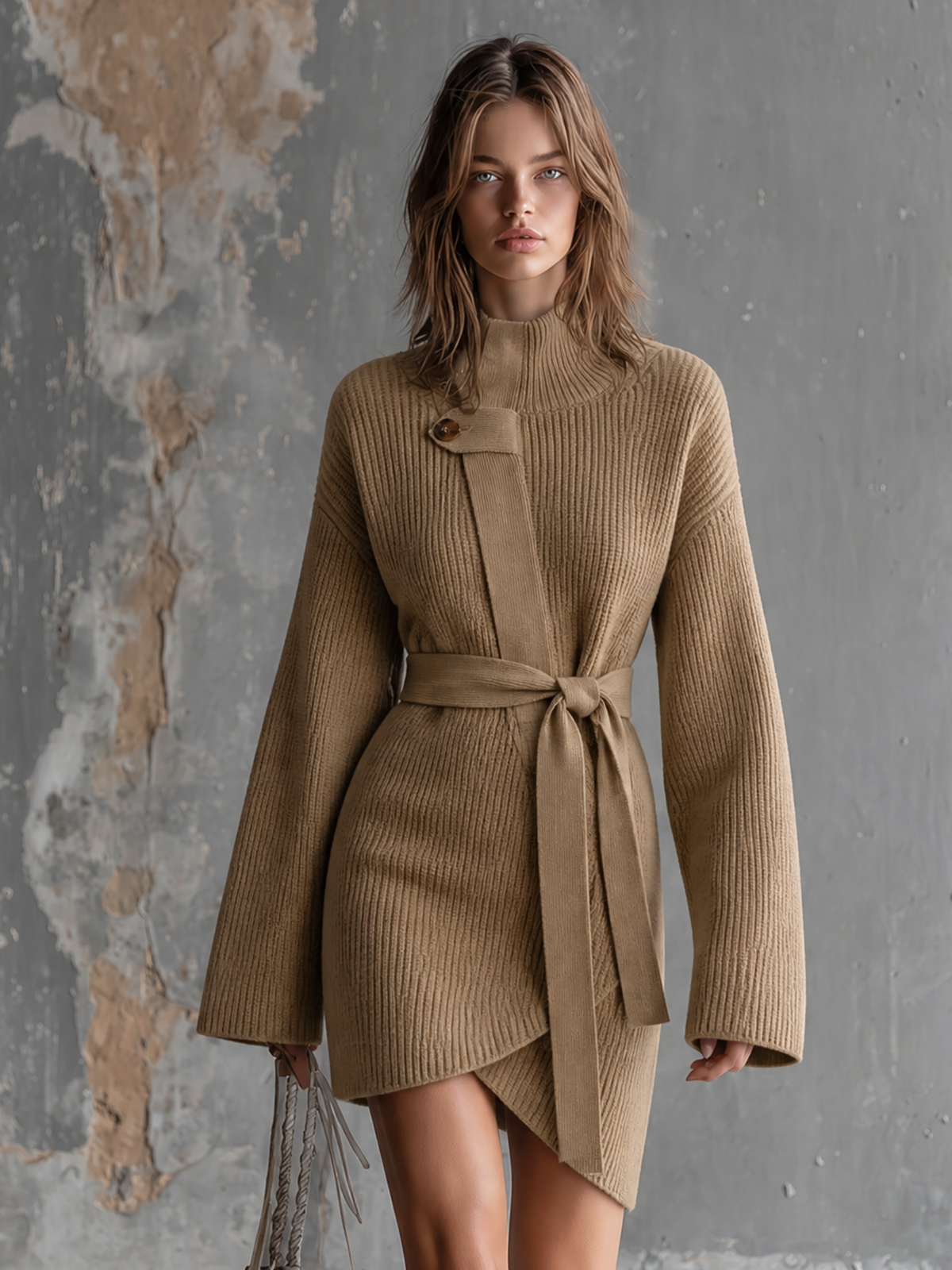 ElevenOra Chic Elegant Camel Turtleneck Wrap‑Front Belted Long-Sleeve Asymmetrical Hem Loose-Fit Ribbed Knit Mini Dress